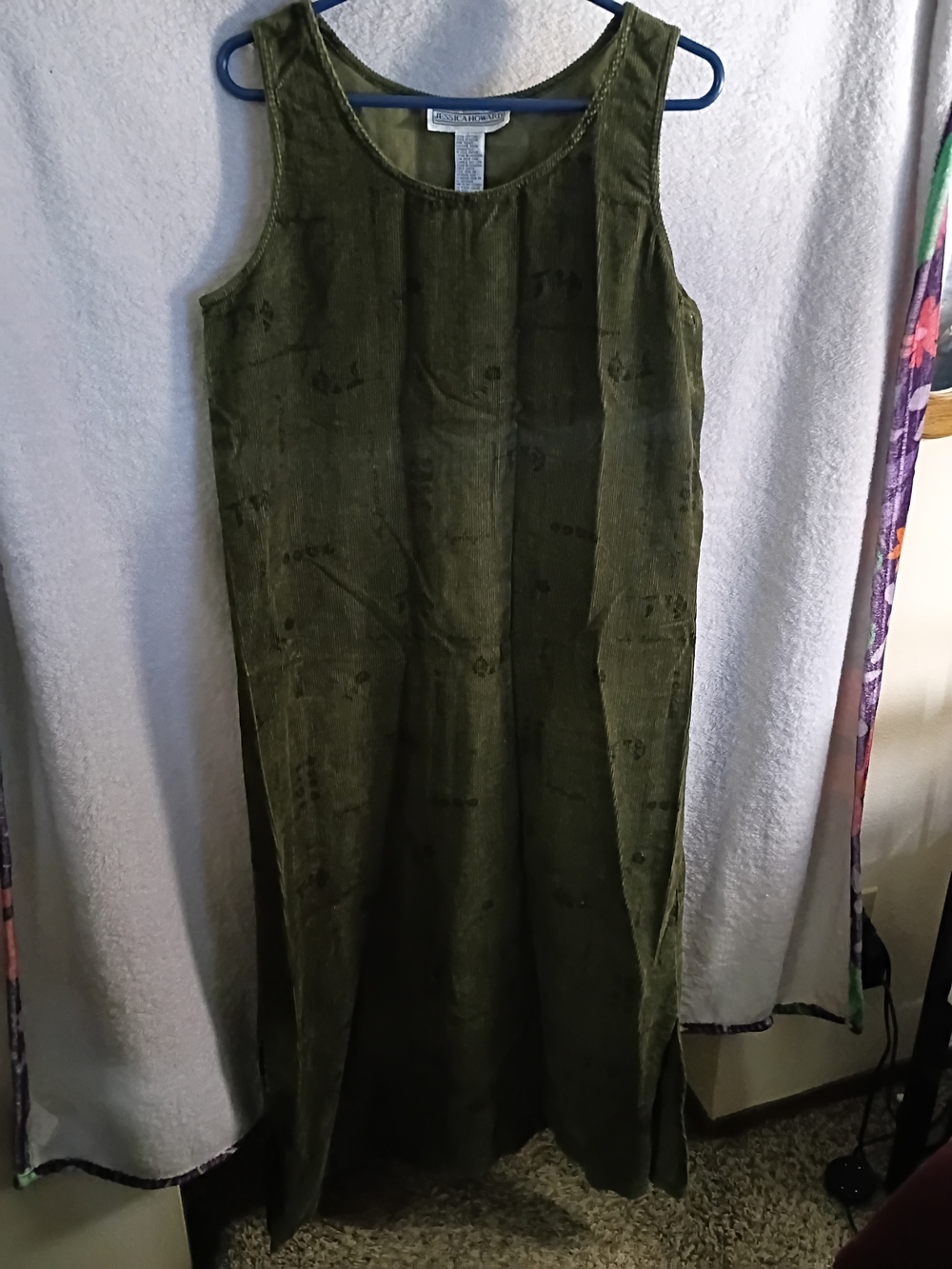 Vintage Jessica Howard Olive Green Sleeveless Corduroy Maxi Dress